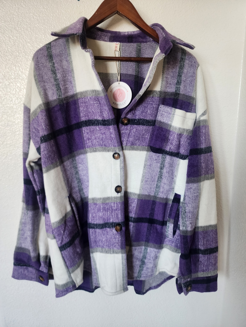 BEAULLY Purple Plaid Shacket | Button Front Overshirt | Soft Lightweight Jacket